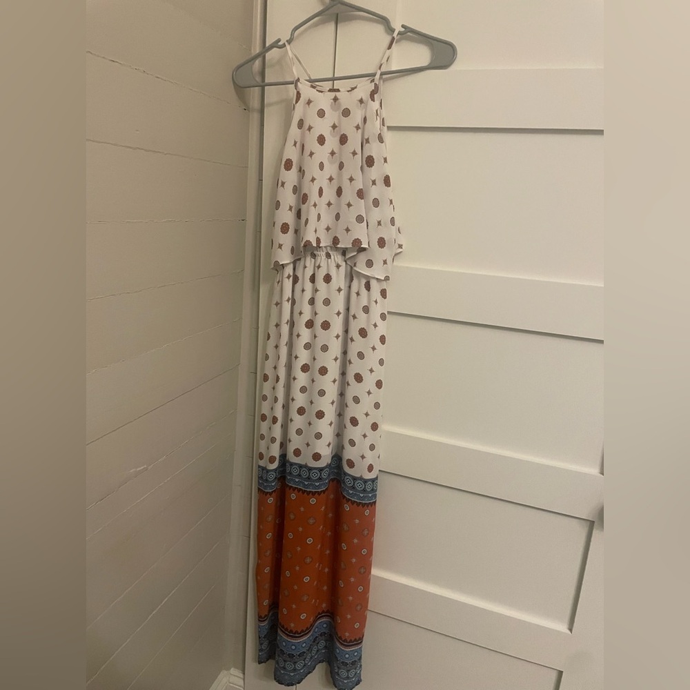 Pink Rose White and Orange Maxi Dress